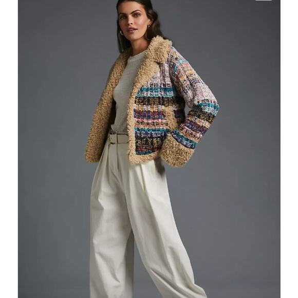 Anthropologie Cropped  Faux Shearling Fur Sherpa Cuffs Tweed Sweater Coat Size L - Picture 1 of 11